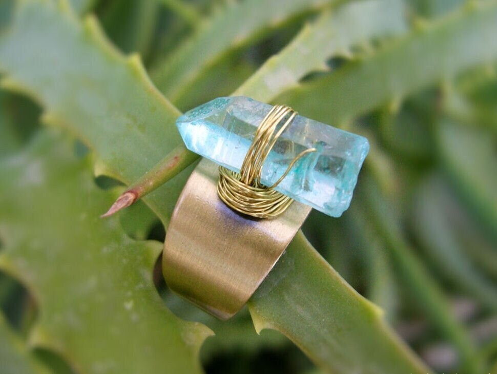 Aqua Aura Ring, Quartz Point Adjustable, Brass Boho Chic, Statement Ring