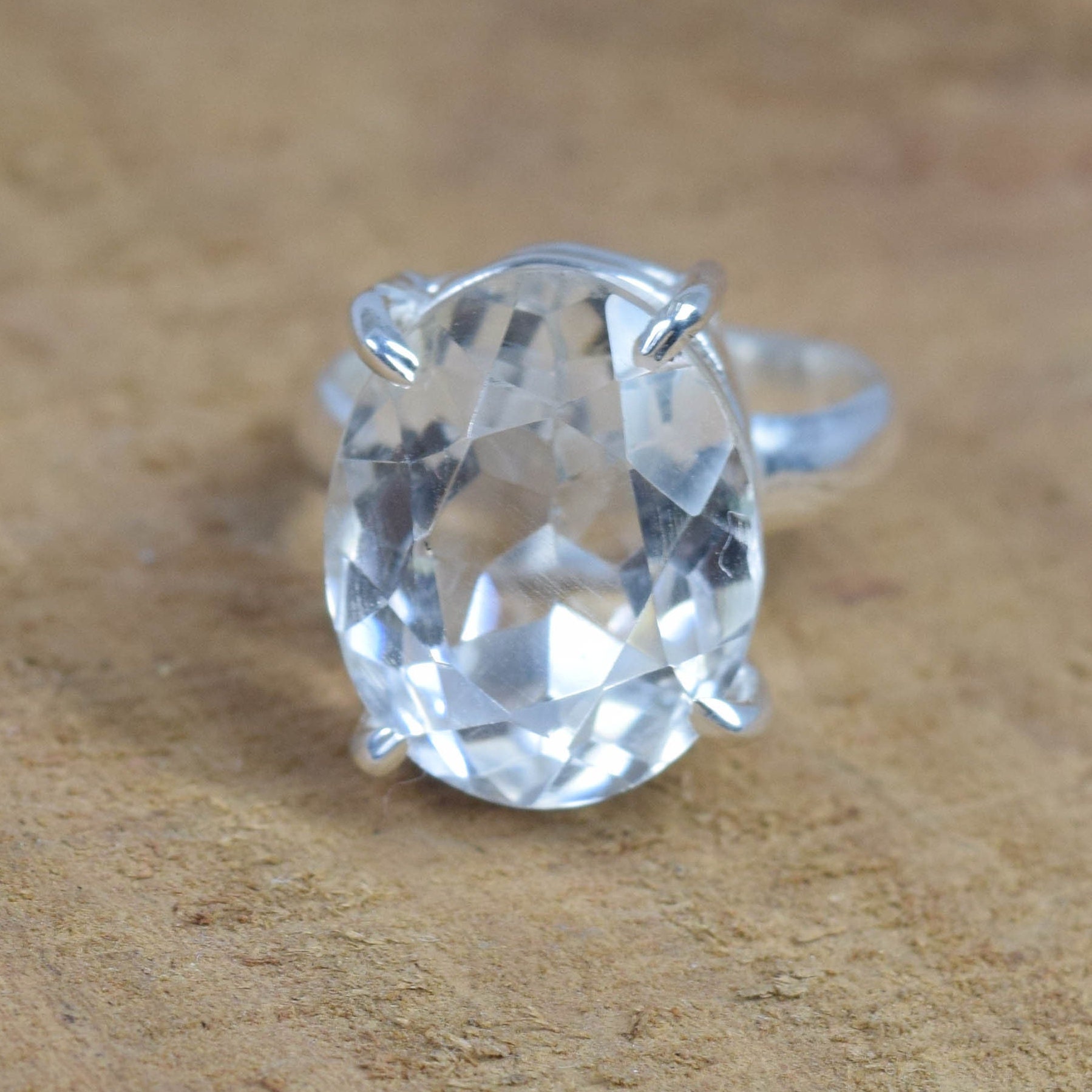 Clear Quartz Sterling Silver Ring: Faceted Gemstone, April Birthstone