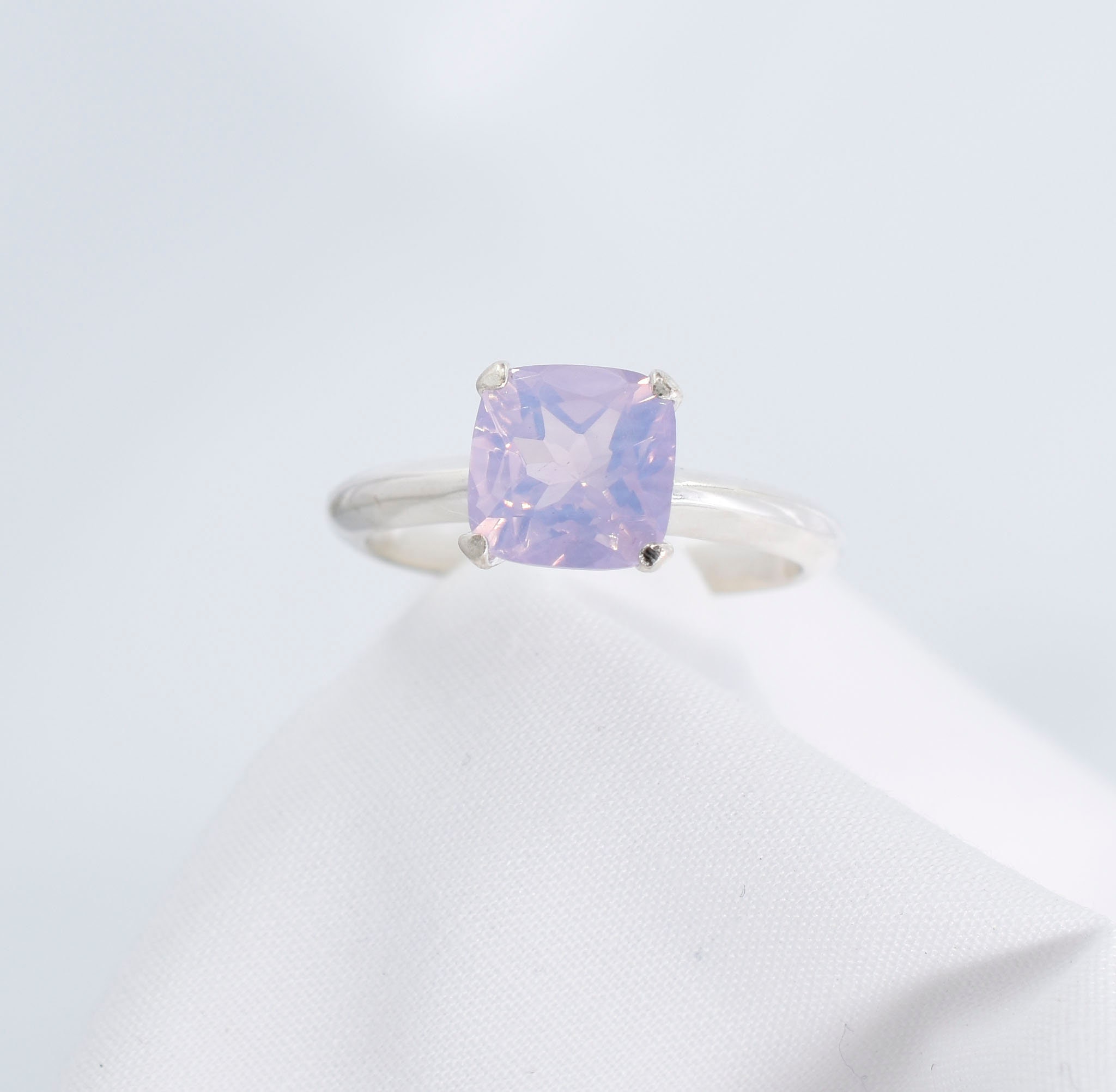 Lavender Quartz Ring, 8mm Cushion Cut Faceted Gem, Set In 925 Sterling Silver 4 Prong Ring Mounting