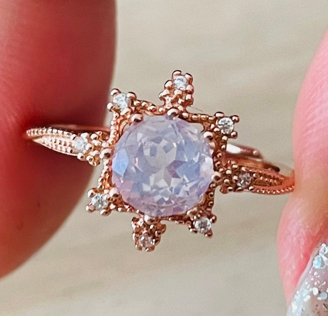 Lavender Moon Quartz Ring: Rose Gold Plated 925 Silver Flower Solitaire