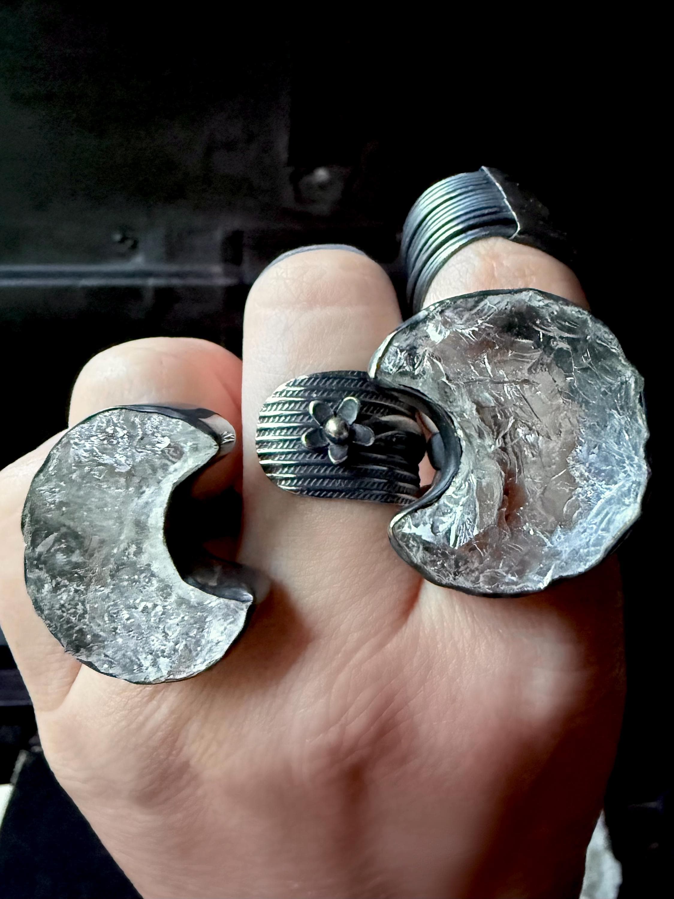 Quartz Ring, Raw Crystal Ring, Moon Ring, Statement Ring, Crescent Moon Ring, Rough Stone Ring