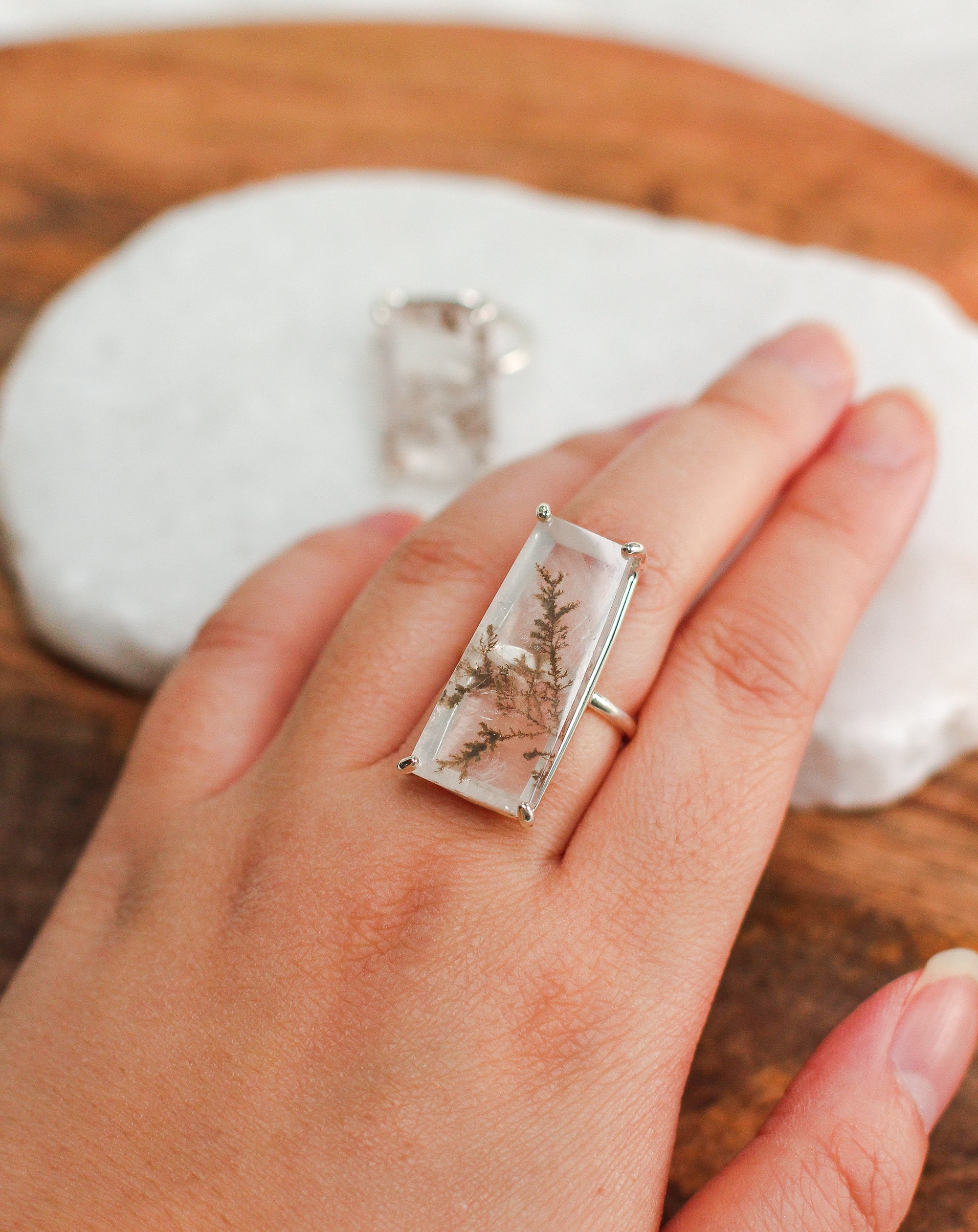 Sterling Silver Dendritic Quartz Ring: Natural Fern Inclusions