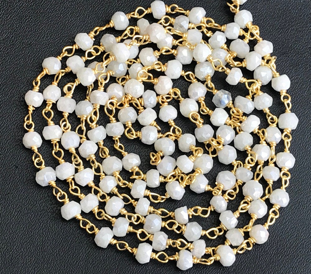 3.5-4mm Ice Quartz Wire Wrapped Faceted Rondelle Beads, Rosary Style Beaded Chain, Gold Polished Rosary Chain By The Foot - Ks3539