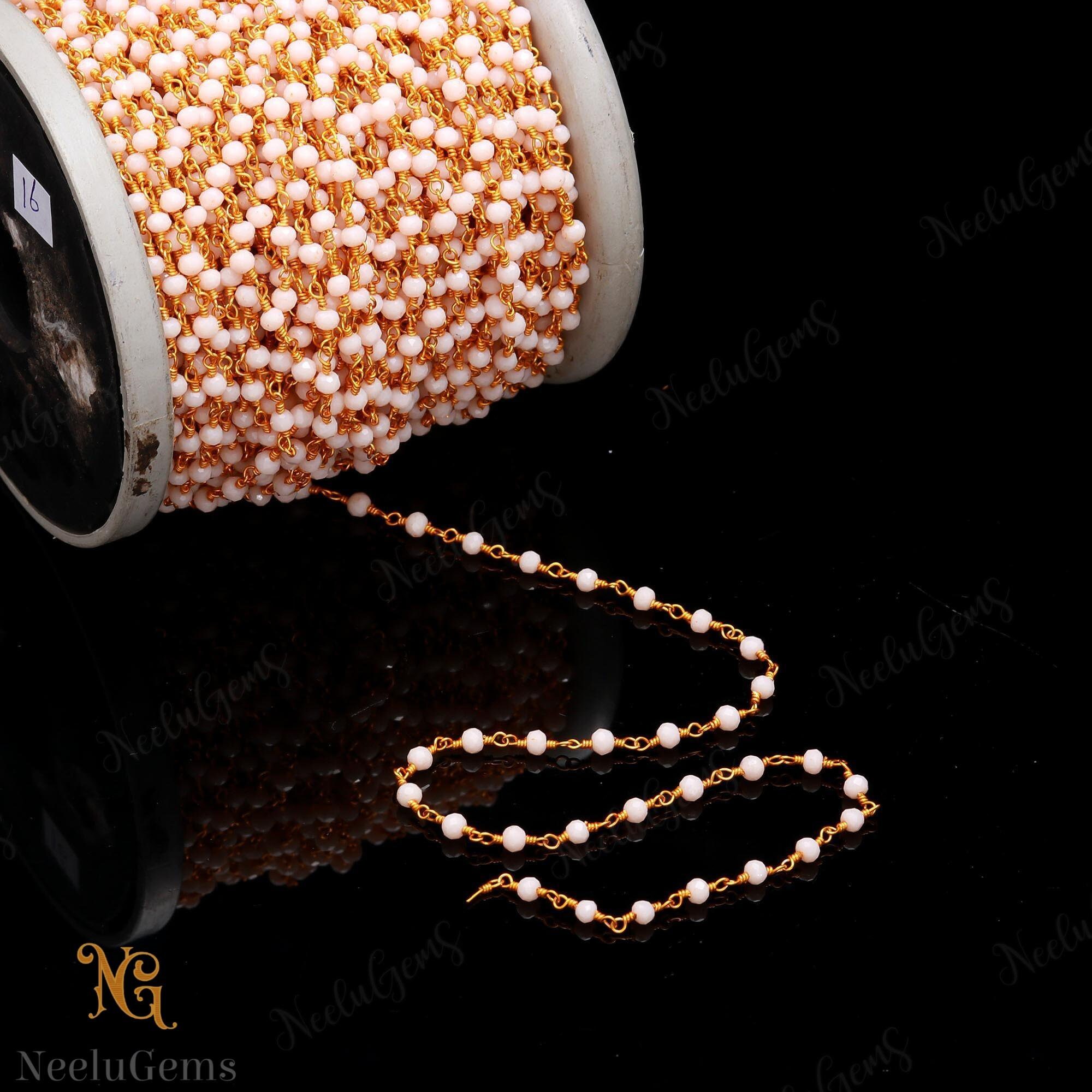 Beautiful Cream Quartz Hydro Rondelle Beads Chain,3 Mm Gold Plated Wire Wrap Microcut Beaded Chain,rosary Chain For Handmade Jewelry