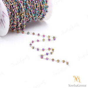 Beautiful Mystic Hydro Quartz Rondelle Beads Chain,3 Mm Silver Plated Wire Wrap Microcut Beaded Chain,rosary Chain For Handmade Jewelry