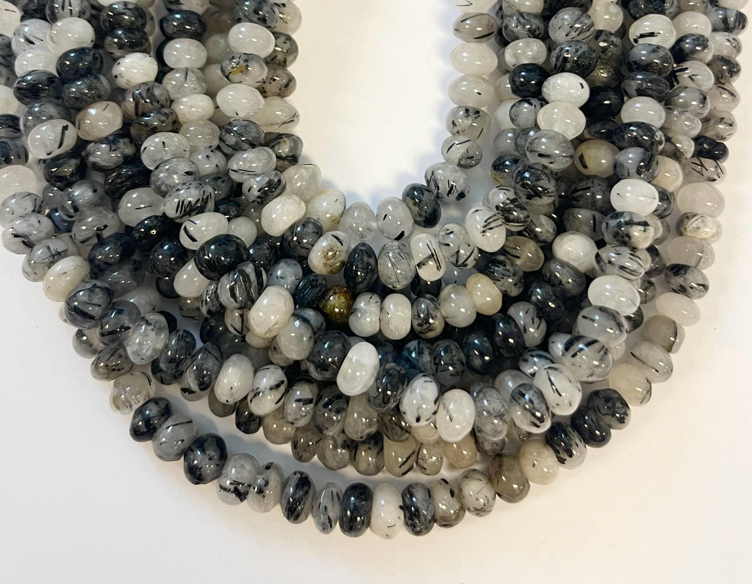 Black Tourmilated Quartz 10x5mm Rondelle Gemstone Beads---15.5 Inch Strand