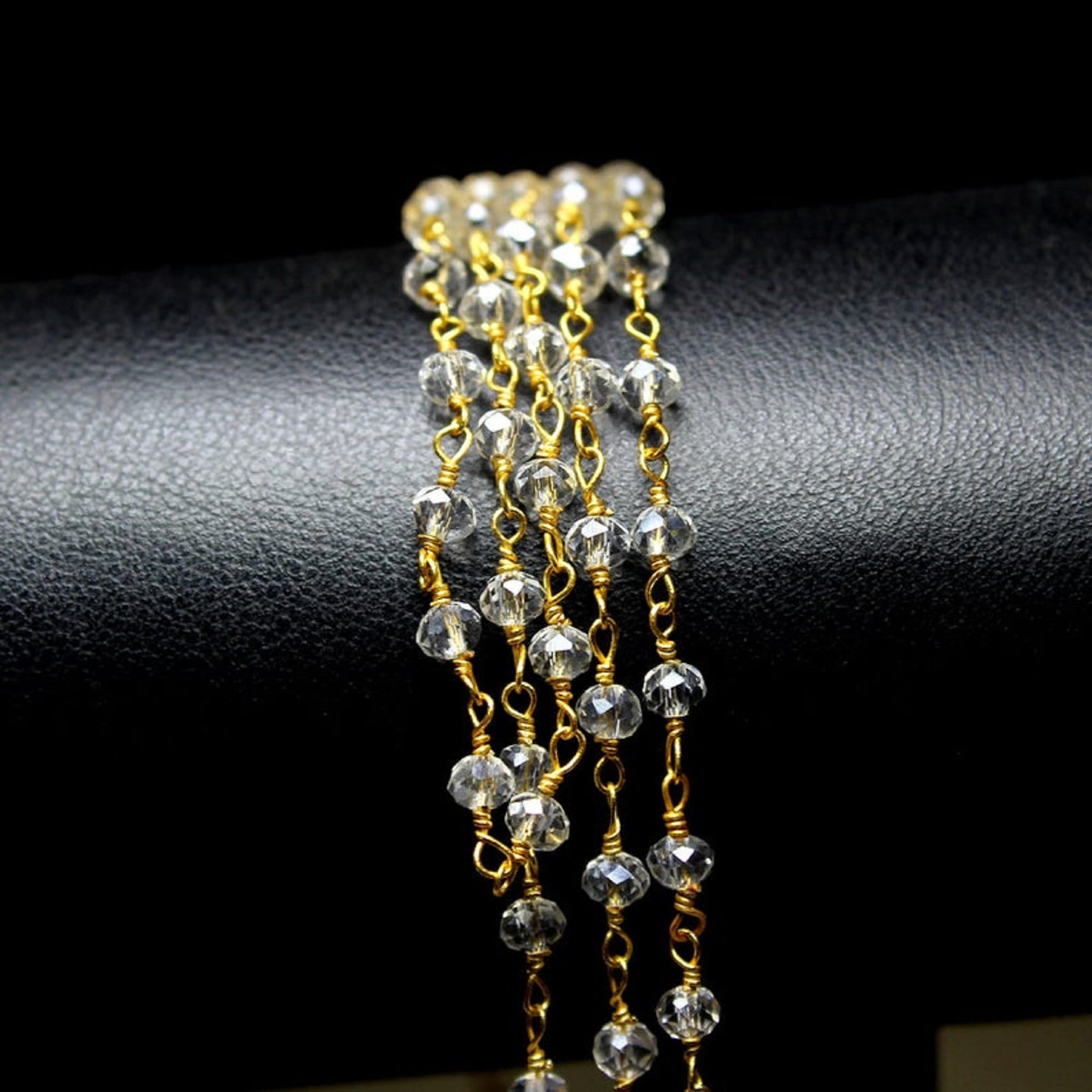 Crystal Quartz Rosary Chain Clear White Crystal Quartz Hydro Rondelle Faceted Beads Rosary Chain Gold & Silver Plated Wire Jewelry Findings