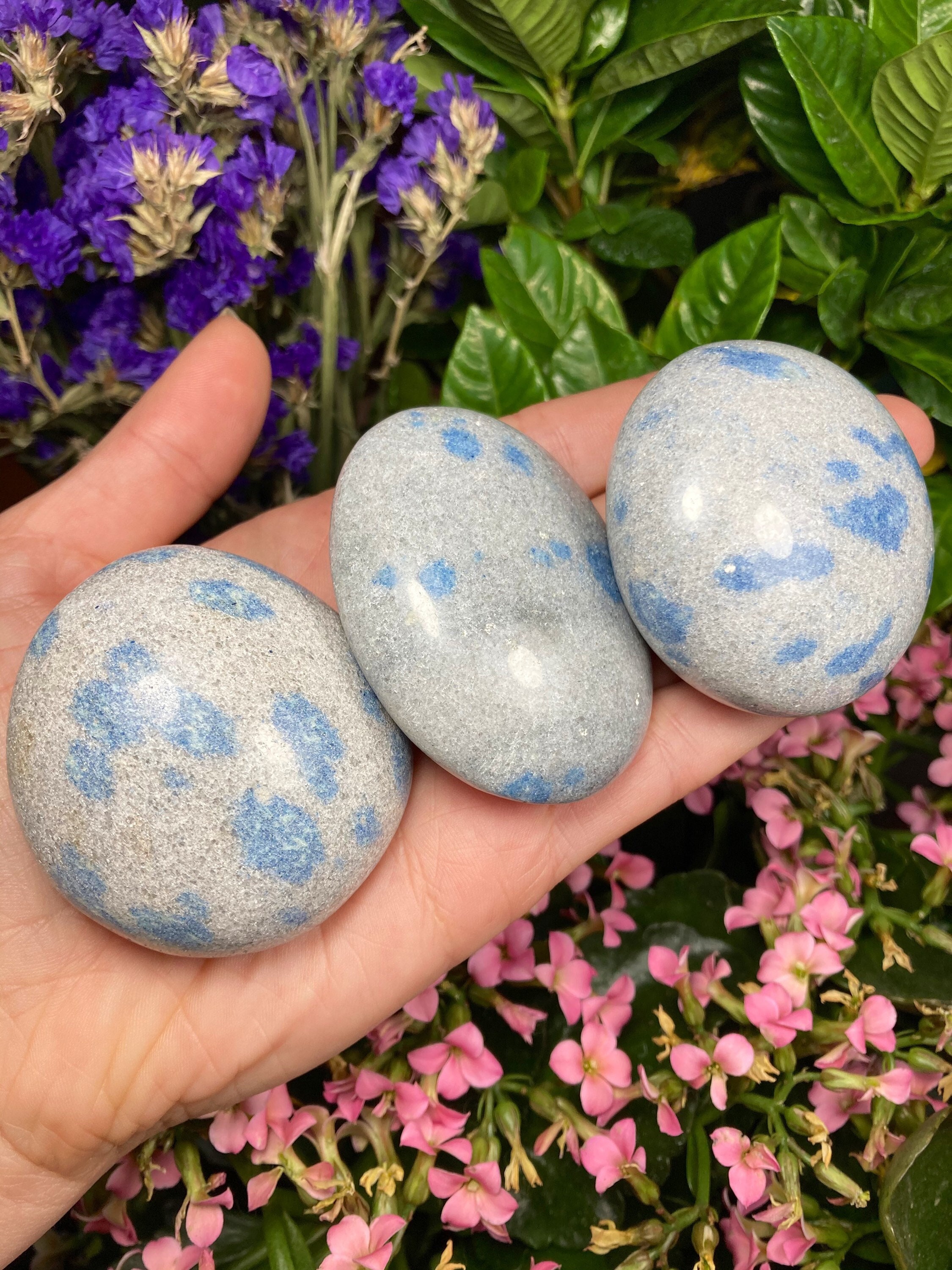 Blue Manganese Quartz Palm Stone: Polished Madagascar Crystal
