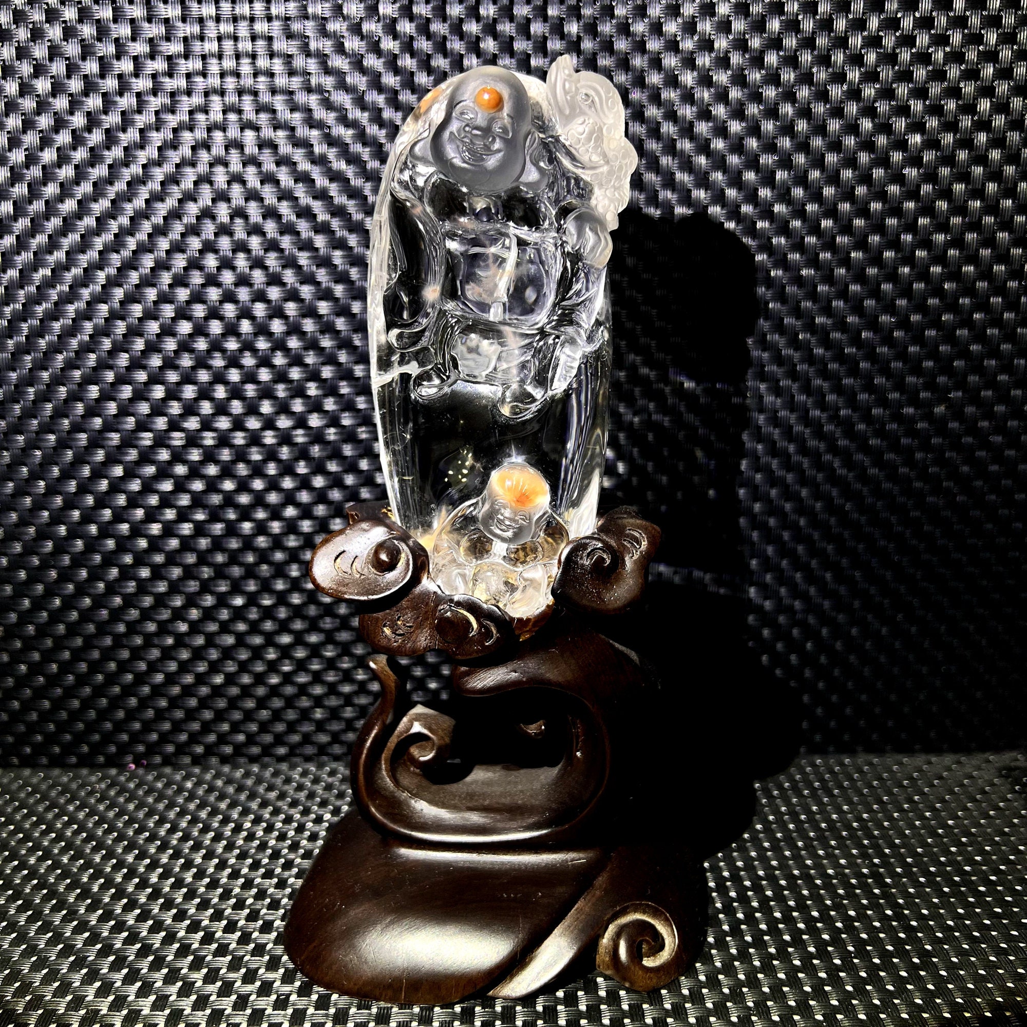 Clear Quartz Maitreya Buddha Carving With Toad: Reiki Healing Crystal Decor