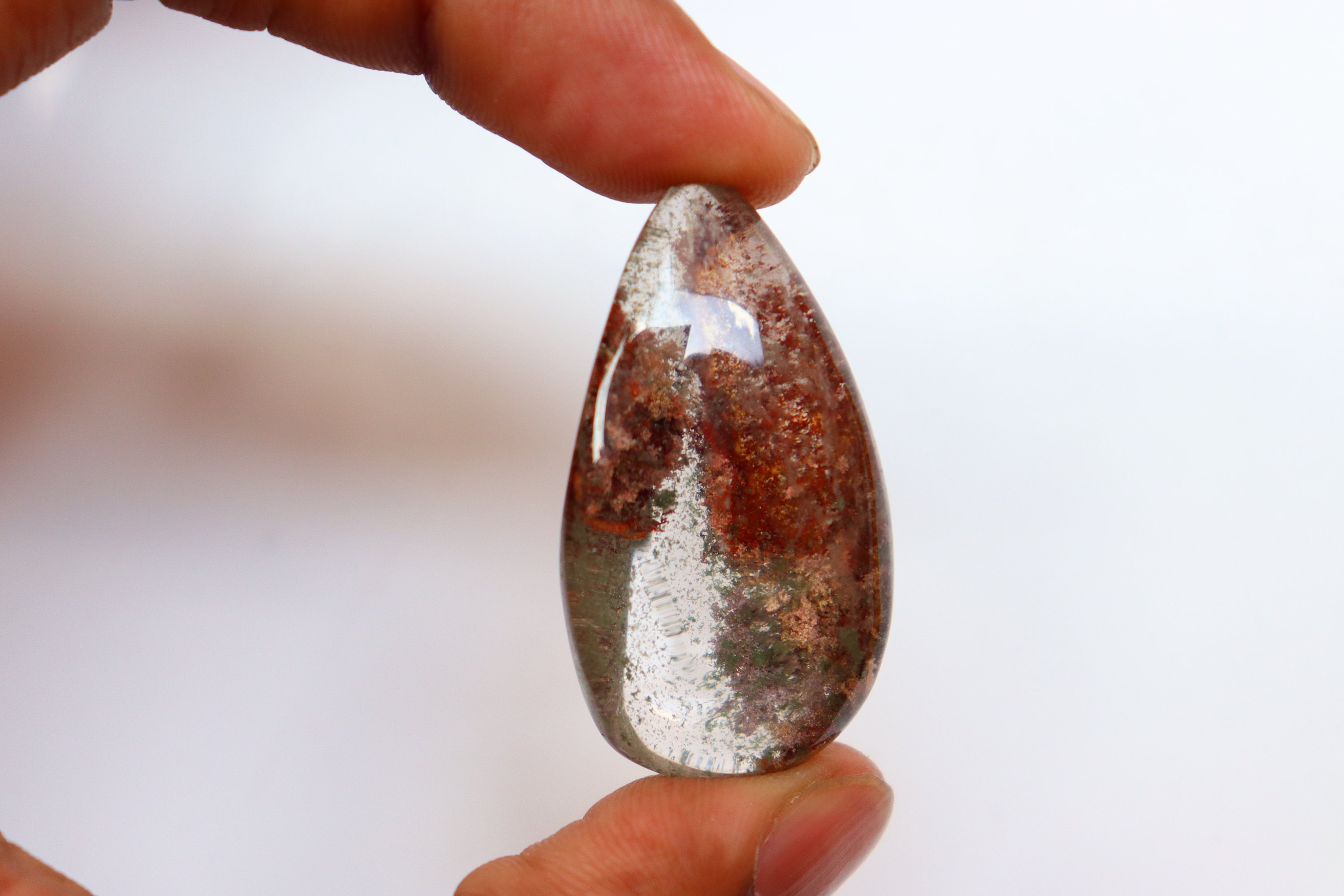 A+ Lodolite Lens 18g, Shaman Dream Stone Scenic Garden Quartz Pocket Stone Polished Tumbled Crystal Clear Inclusion Quartz, Garden Quartz.