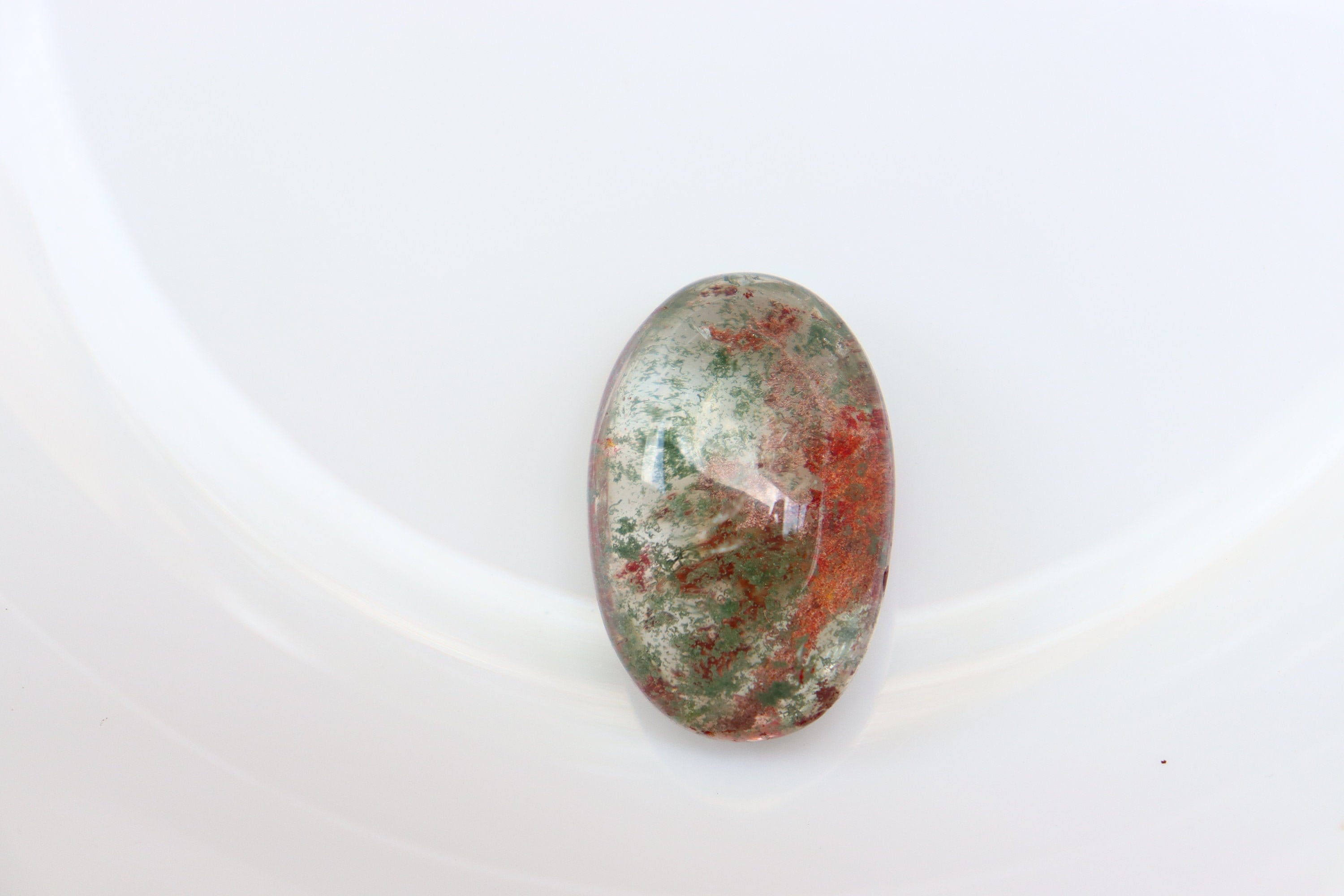 A+ Lodolite Lens 45g, Shaman Dream Stone Scenic Garden Quartz Pocket Stone Polished Tumbled Crystal Clear Inclusion Quartz, Garden Quartz.