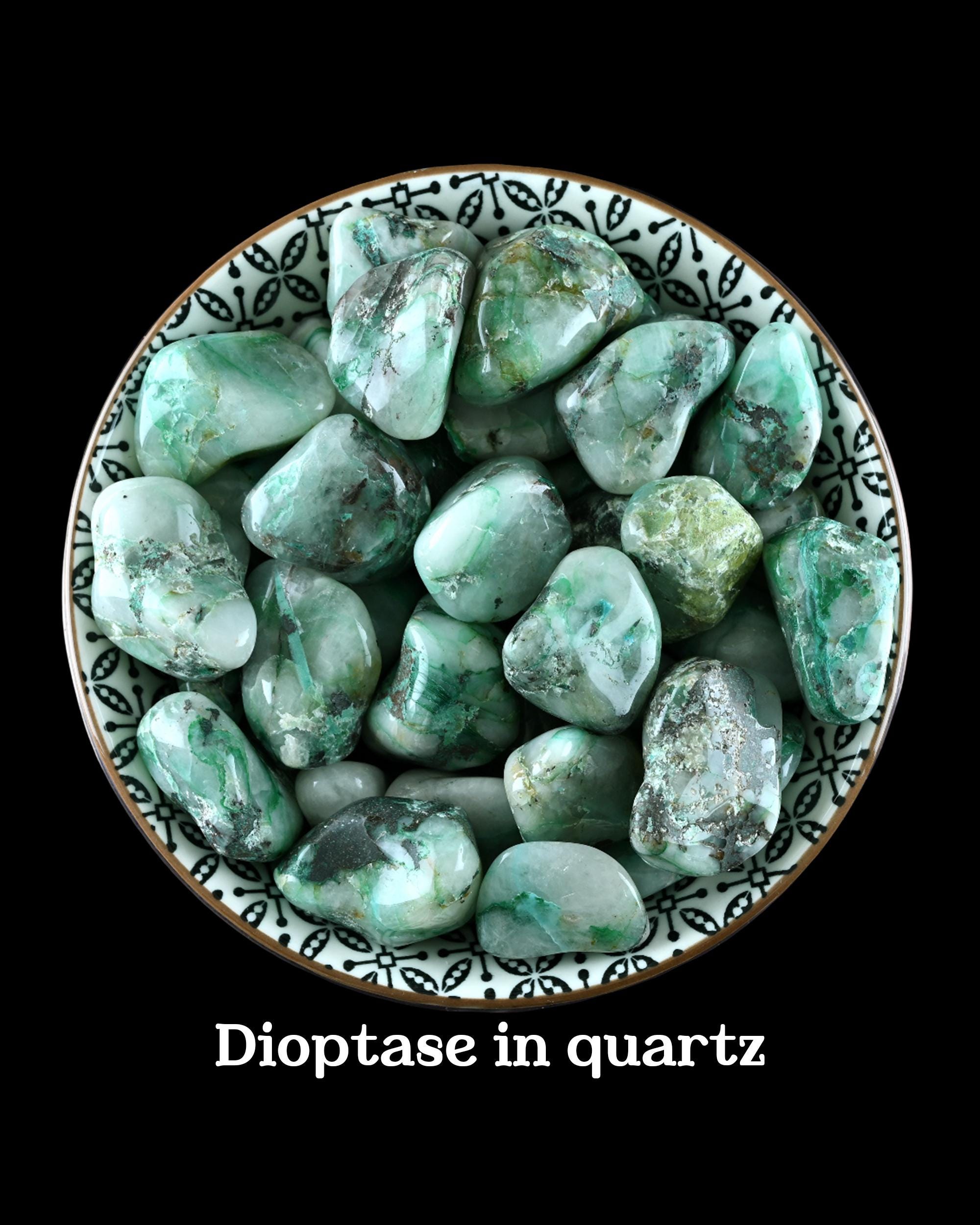 Dioptase In Quartz Tumbled Stone, Dioptase Tumbled Stones, Dioptase Crystals, Zodiac Signs Sagittarius, Scorpio, Libra, Gifts, Crystals, Gem Dioptase In Quartz Tumbled Stone, Dioptase Tumbled Stones, Dioptase Crystals, Zodiac Signs Sagittarius, Scorpio, Libra, Gifts, Crystals, Gem