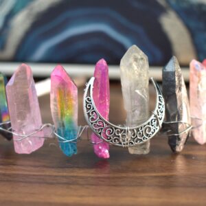 Rainbow Aura Lite Crystal Crown with Rose Quartz, Hematite, Titanium Aura - Seven Chakras - Boho Wedding, Bride To Be, Bridesmaid