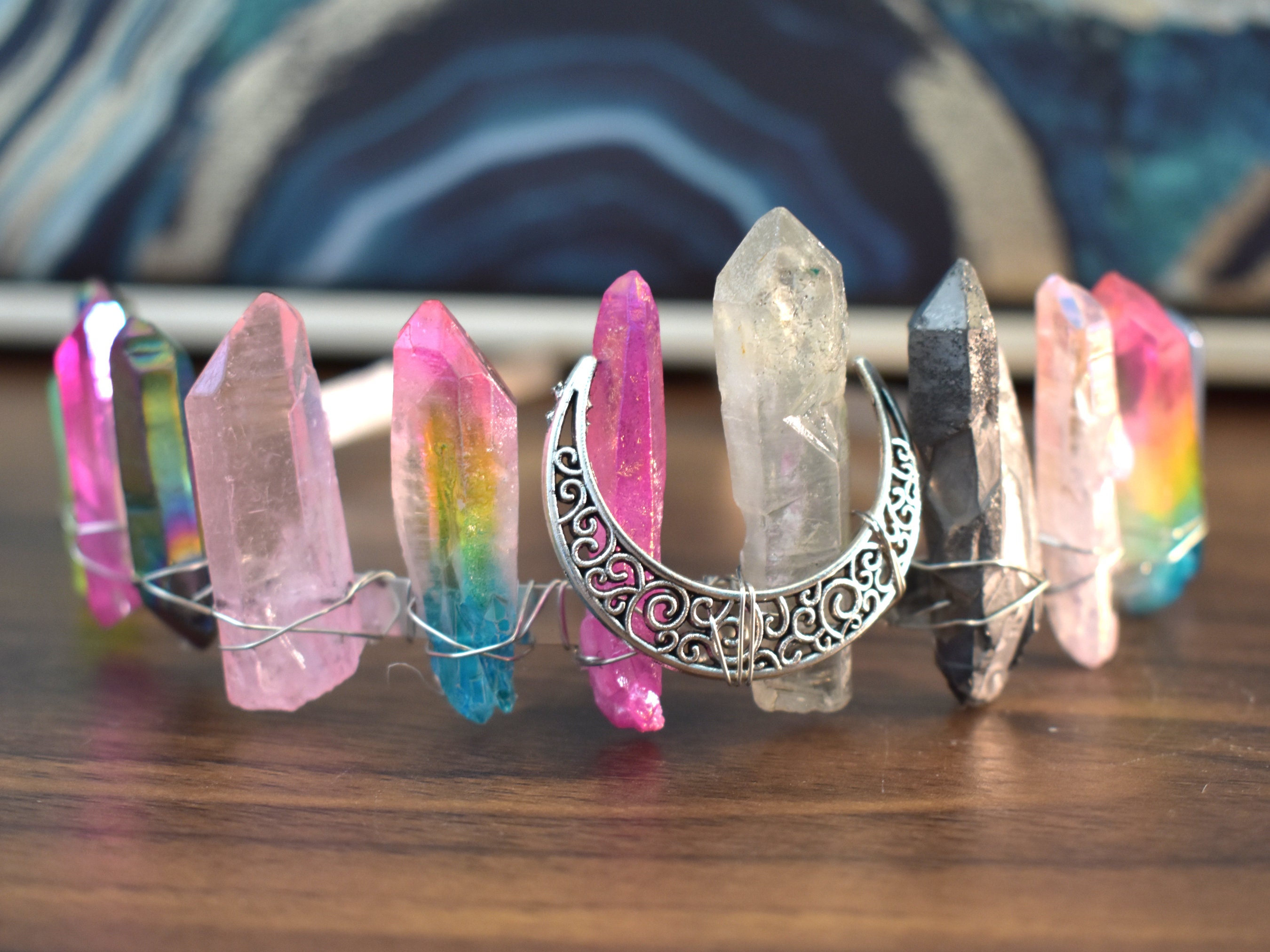 Rainbow Aura Lite Crystal Crown With Rose Quartz, Hematite, Titanium Aura - Seven Chakras - Boho Wedding, Bride To Be, Bridesmaid