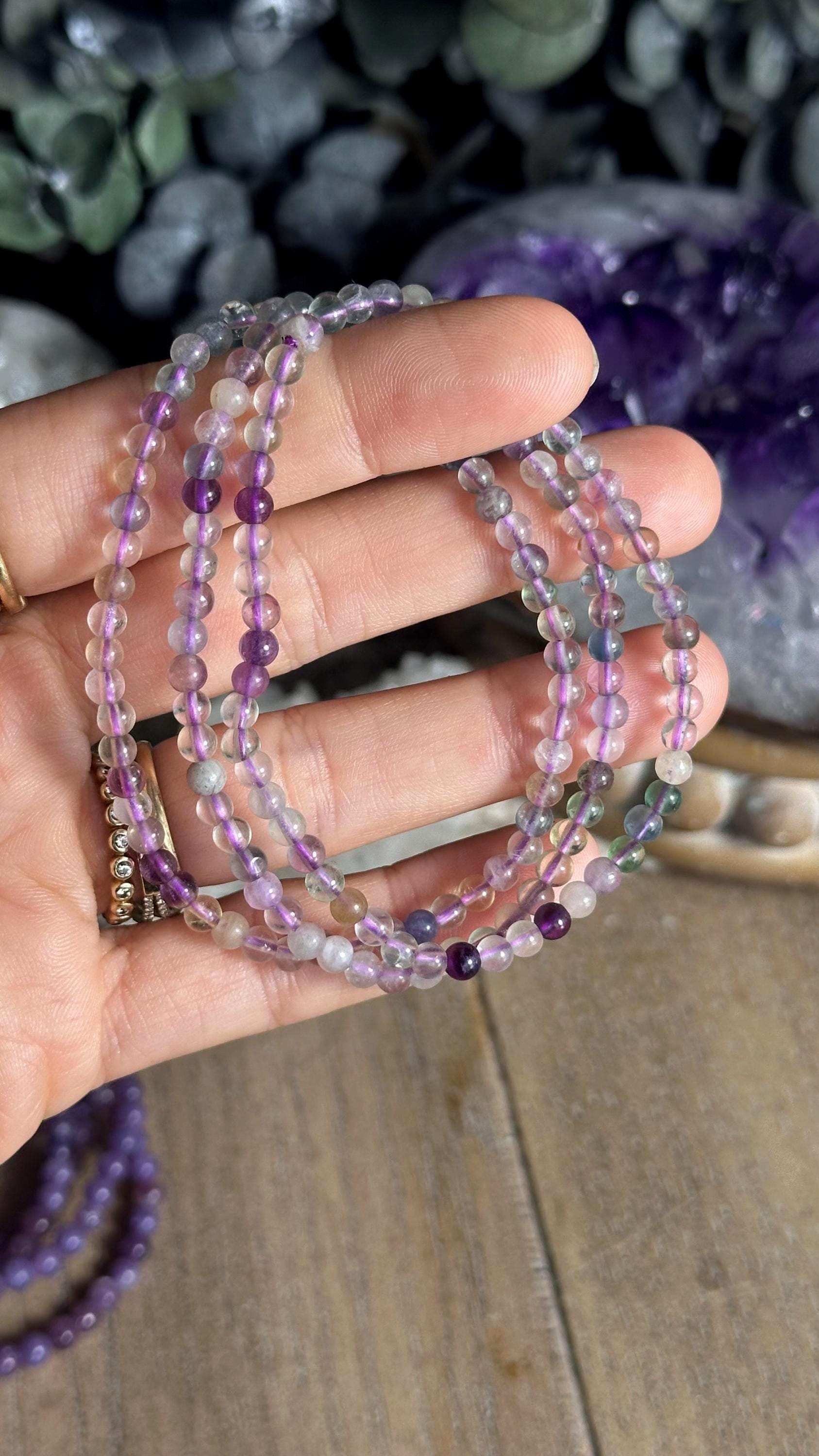 4mm Rainbow Fluorite Bracelet: Crystal Beaded Stretch Bracelet