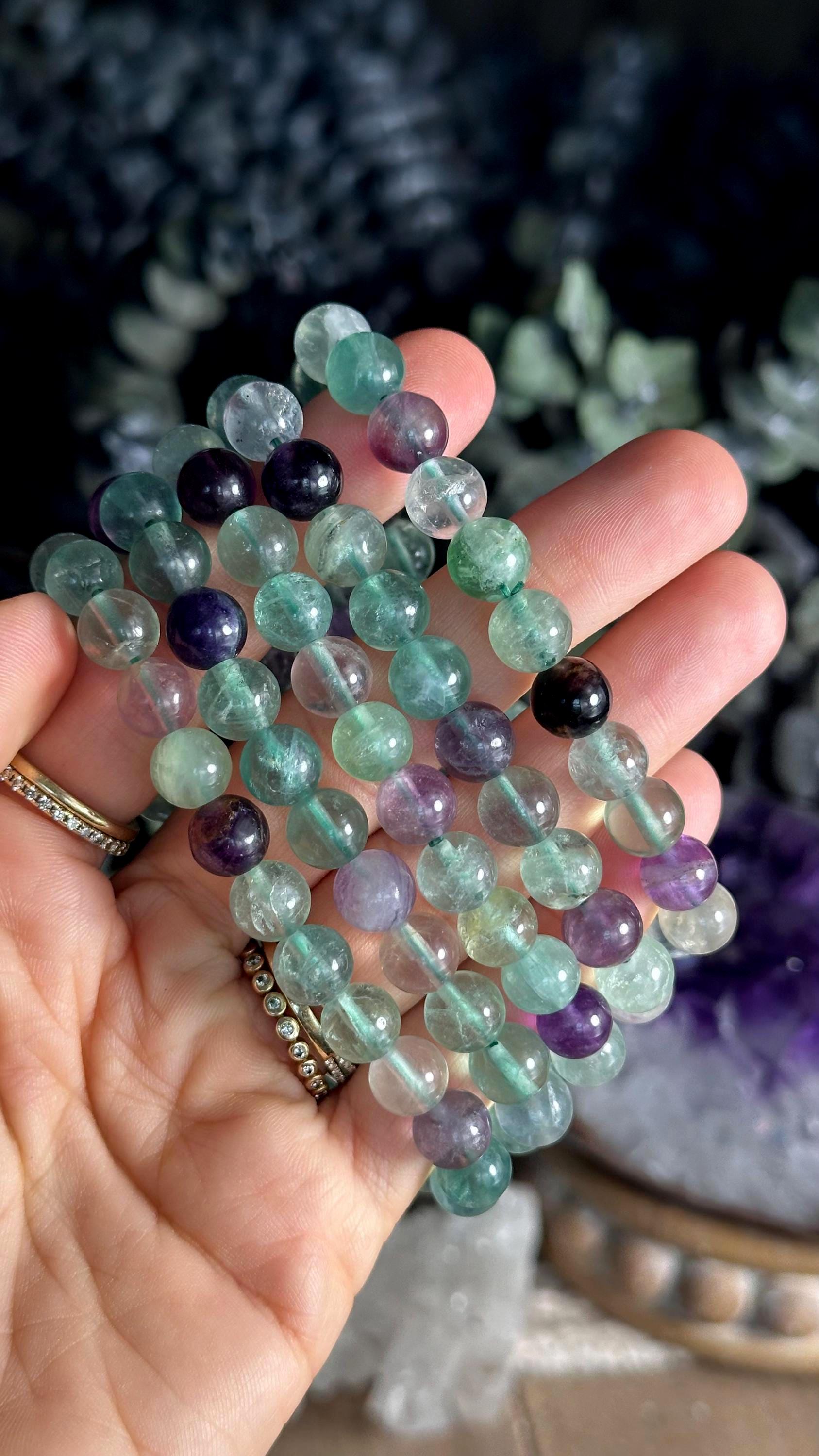 8mm Rainbow Fluorite Crystal Bracelet: Green And Purple