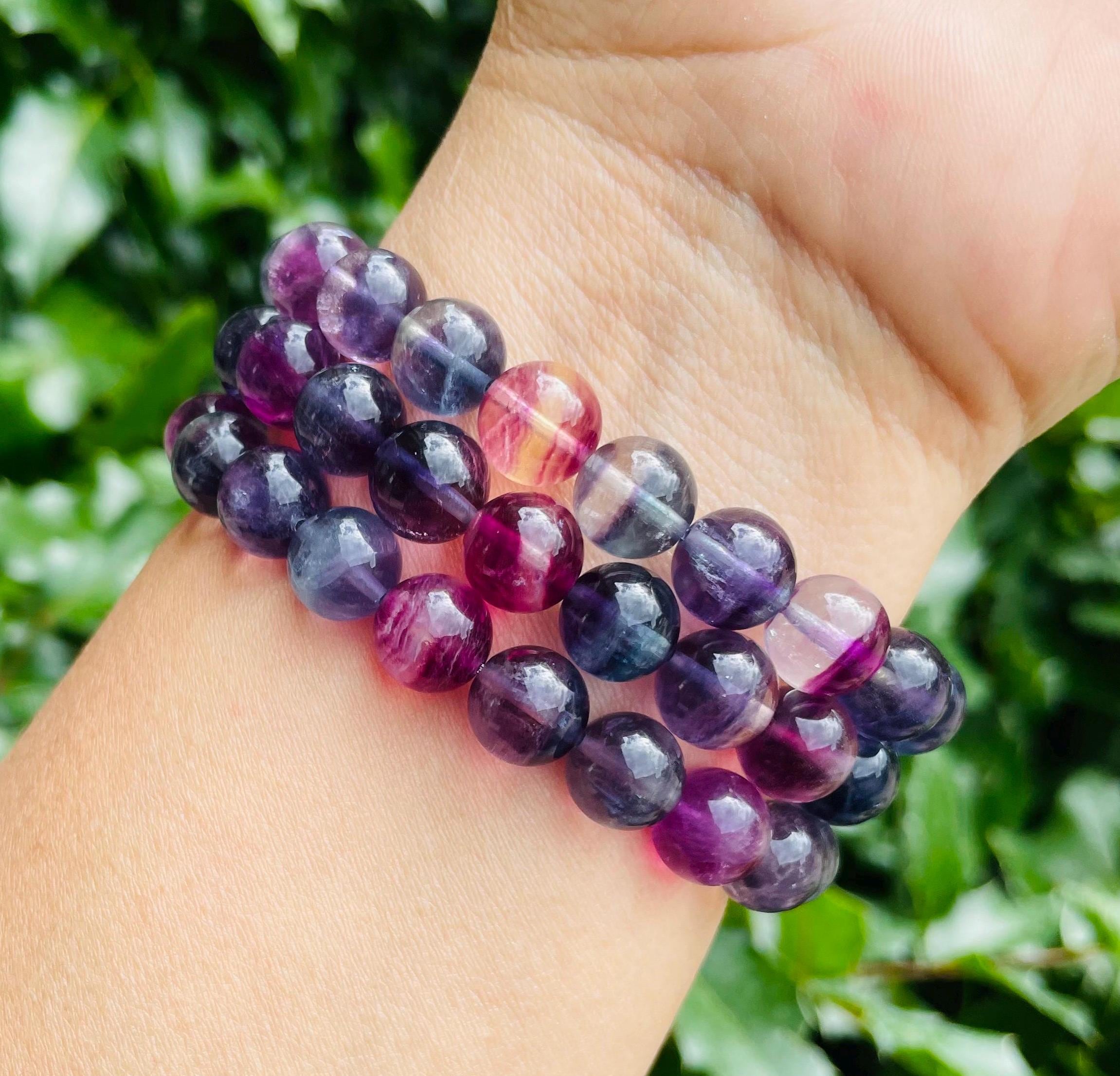 Candy Rainbow Fluorite Crystal Bracelet: Round Beaded Gemstone Jewelry