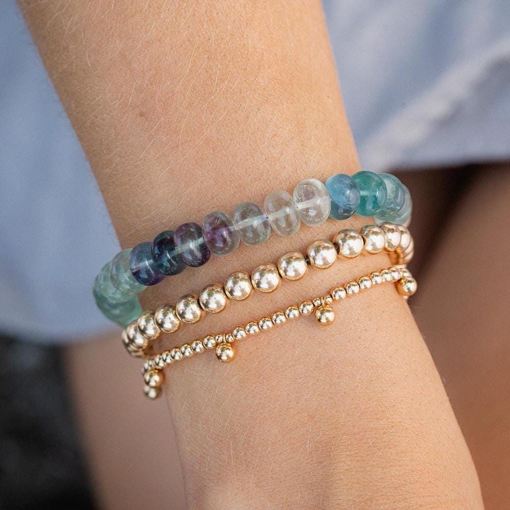 Chunky Fluorite Bracelet | Unique Smooth Rondel Fluorite [ebfp1043] | Genuine Rainbow Fluorite Crystal, Natural Fluorite Crystal