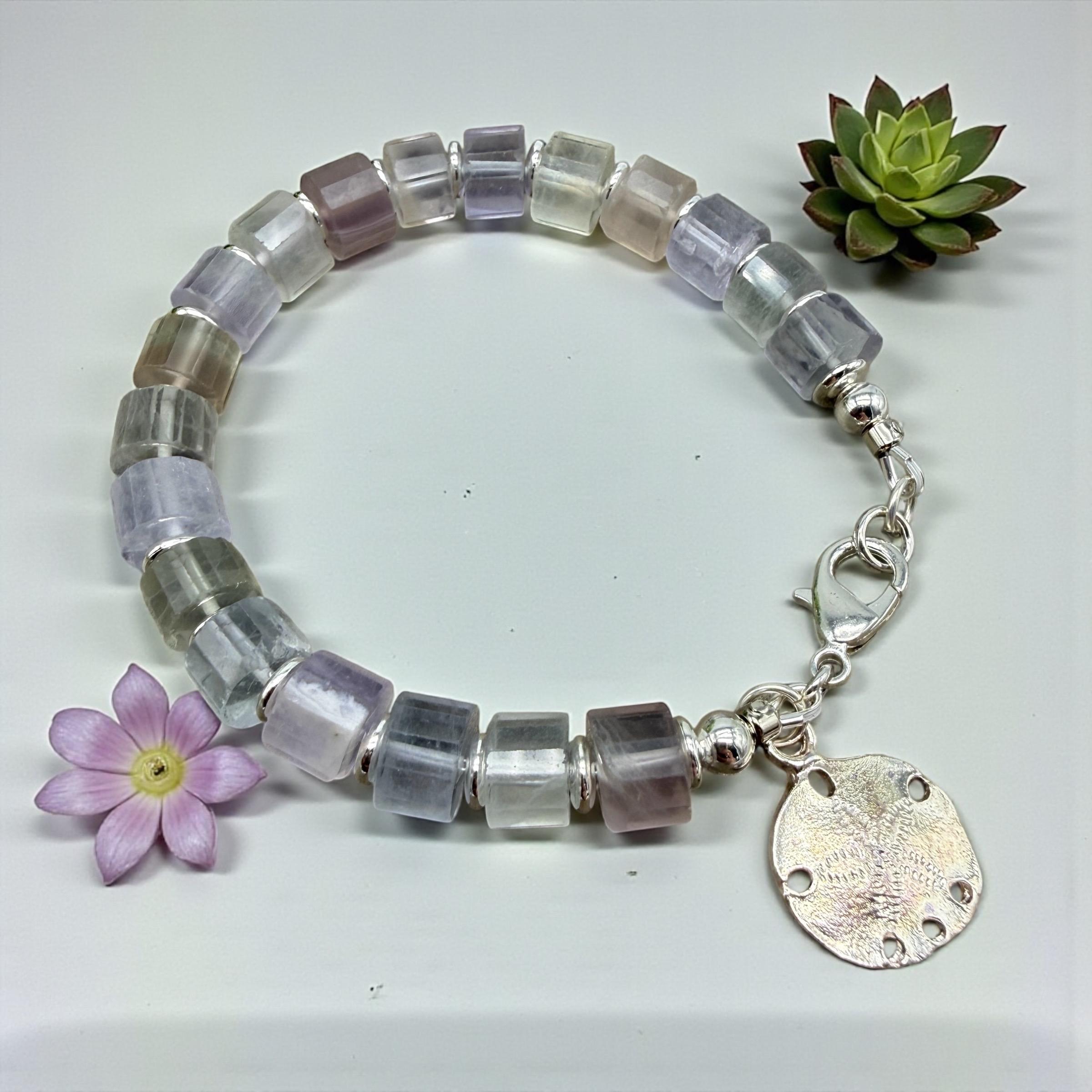 Rainbow Fluorite Crystal Bracelet | Genuine Gemstone Bead, Sand Dollar Charm