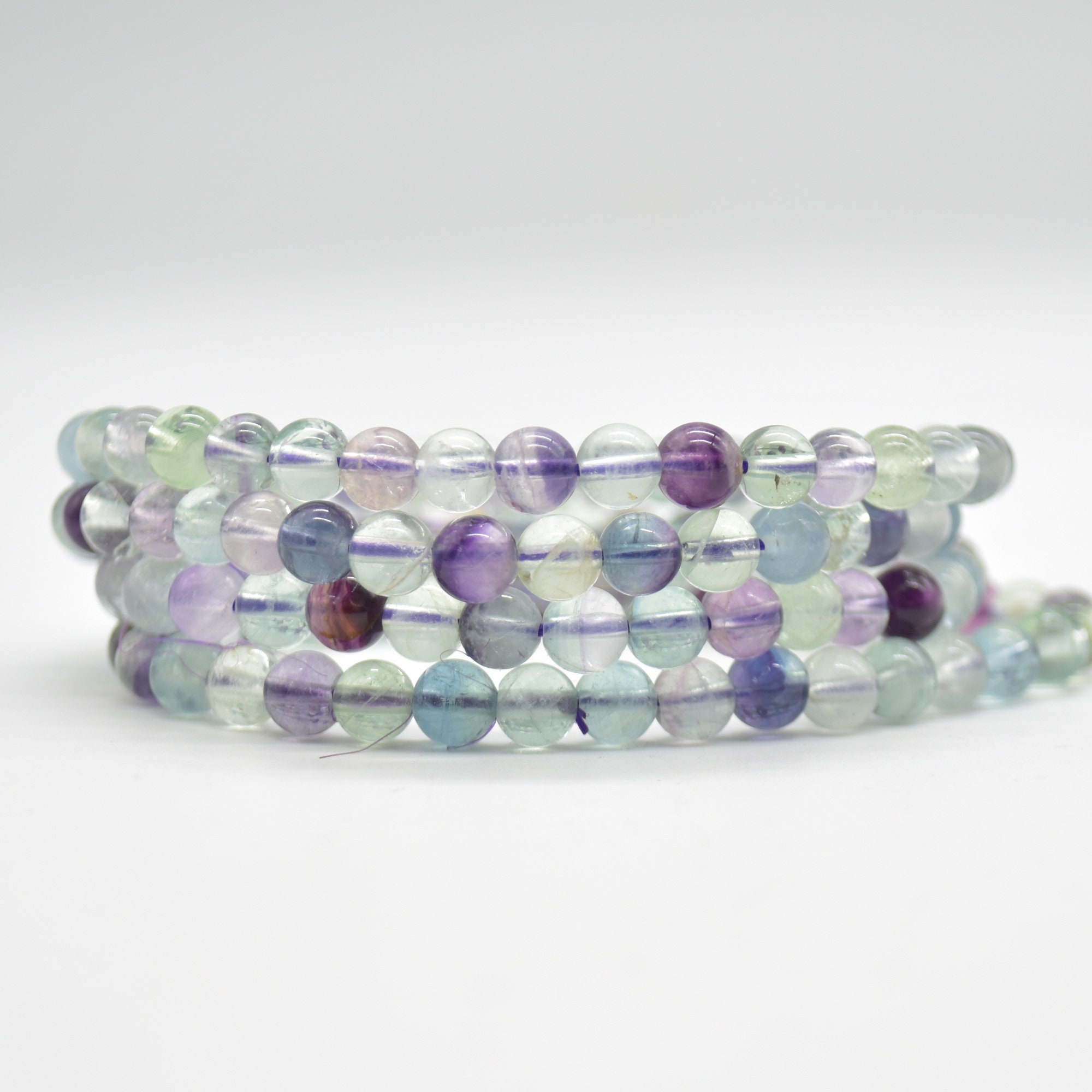 Rainbow Fluorite Gemstone Round Beads Bracelet Sample Strand - 6mm - 7.5" Long