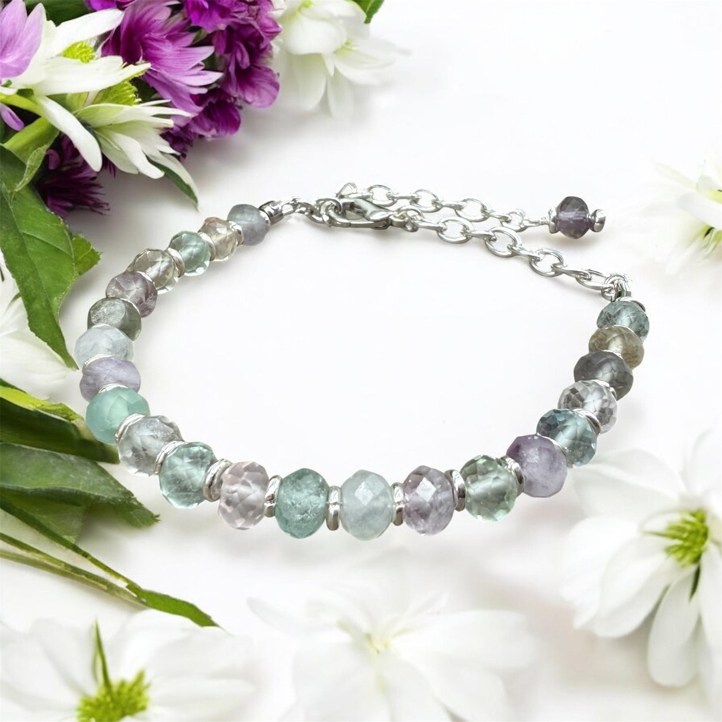 Handmade Genuine Rainbow Fluorite Faceted Rondelle Adjustable Size Bracelet -  7 To 7.75 Inches