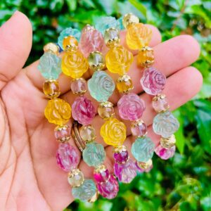 Rose Fluorite Crystal Bracelet (1) One Flower Rainbow Fluorite Bracelet, Gold Rose Crystal Round Gemstone Jewelry