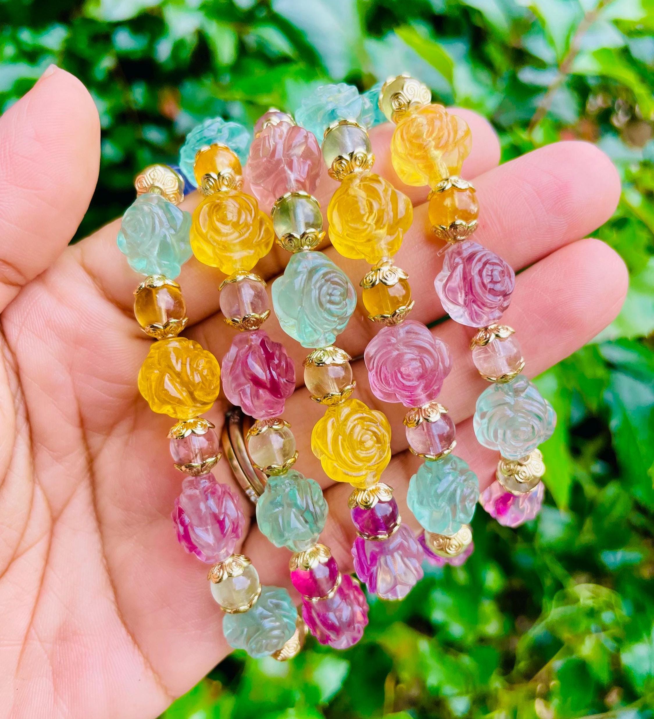 Rose Fluorite Crystal Bracelet (1) One Flower Rainbow Fluorite Bracelet, Gold Rose Crystal Round Gemstone Jewelry