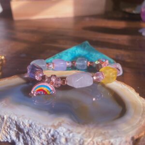 Rainbow Fluorite Bracelet: Rose Gold Moon Charms, Healing Crystal Jewelry, Exact One