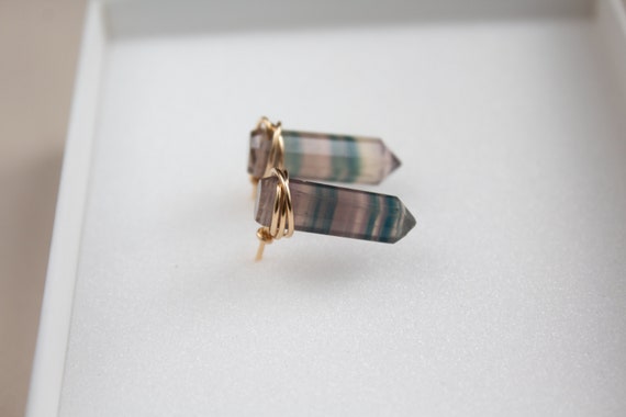 Rainbow Fluorite Earrings, Rainbow Fluorite Crystal Point Earrings, Purple Crystal Stud Earrings, Gem Stone Stud Earrings Wire Wrapped Studs