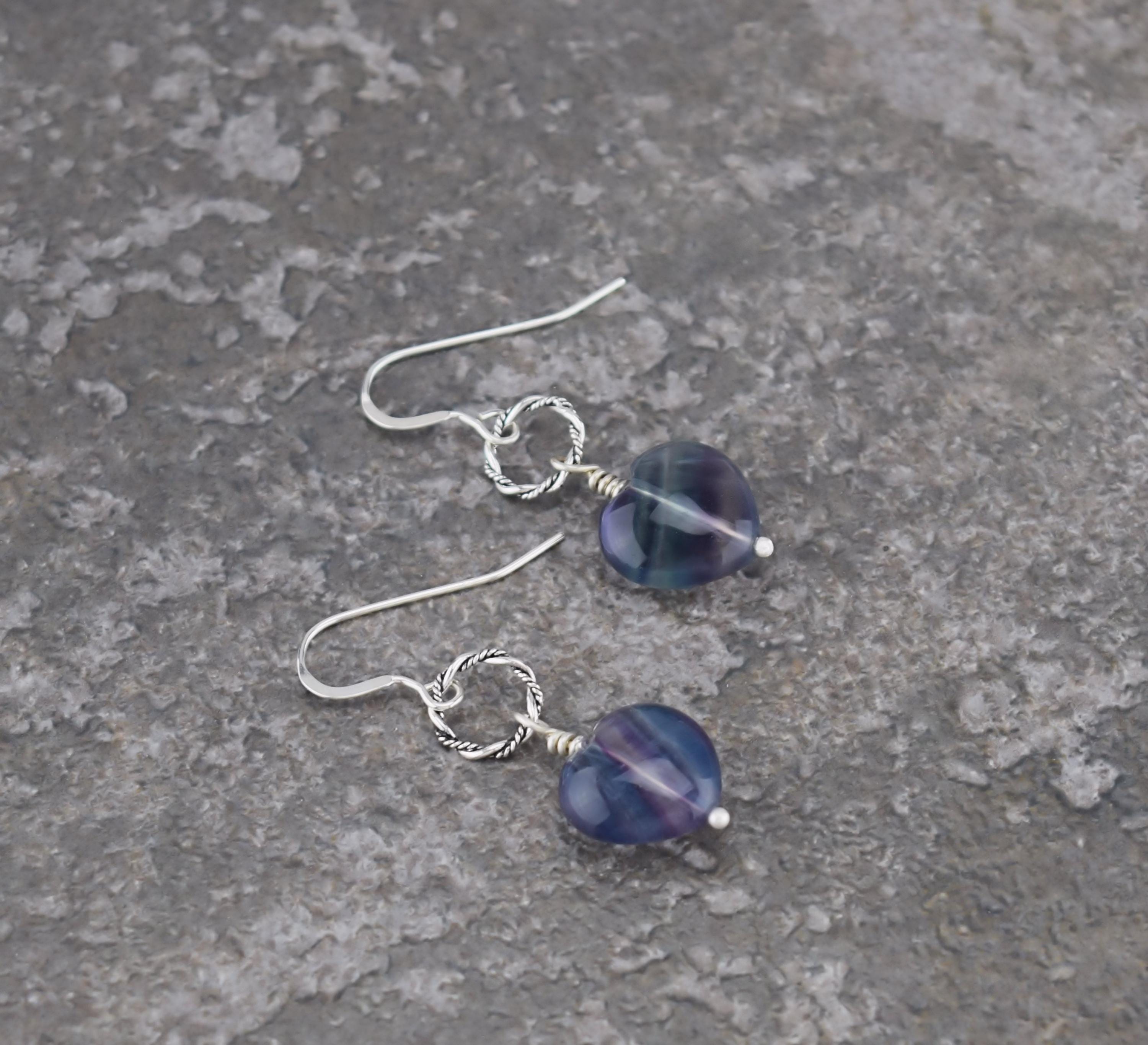 Handcrafted Sterling Silver Rainbow Fluorite Heart Earrings Handcrafted Sterling Silver Rainbow Fluorite Heart Earrings