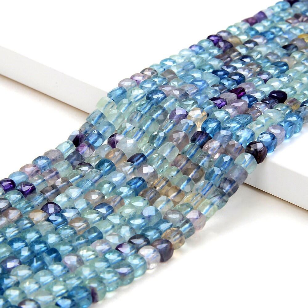 4mm Rainbow Fluorite Gemstone Grade Aaa Micro Faceted Square Cube Loose Beads (p4)