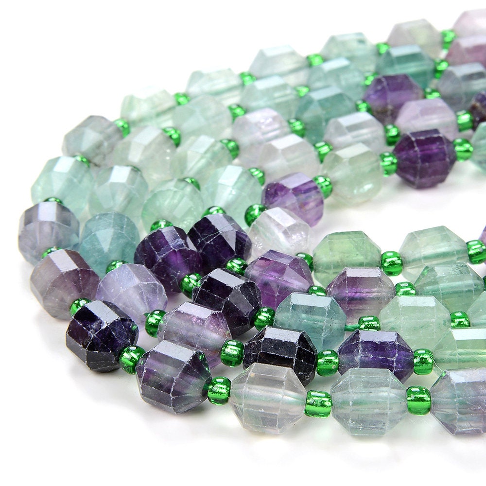 8mm Natural Rainbow Fluorite Gemstone Grade Aa Faceted Prism Double Point Cut Loose Beads (d29)
