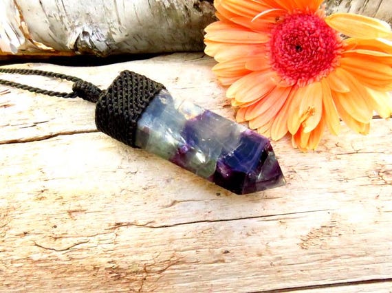 Rainbow Fluorite Macrame Necklace, Fluorite Crystal Point, Purple Fluorite, Gemstone Necklace, Gift Ideas For The Zen Seeker, Jewelry Lover