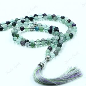 Rainbow Fluorite Mala Necklace 108 Beads Hand Knotted, Mental Clarity & Focus Stone, Tassel Necklace, Yoga Meditation Prayer Beads, 8mm