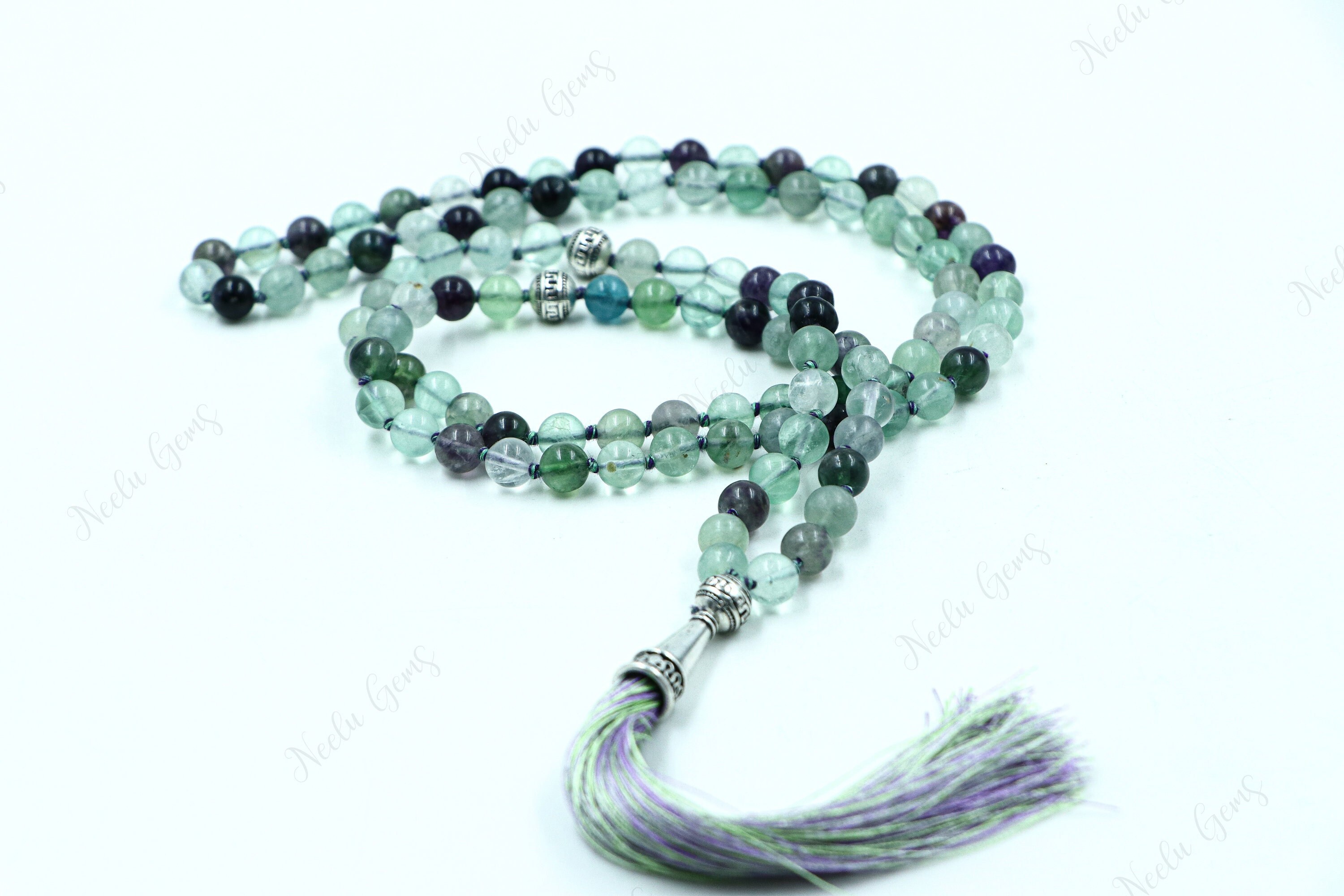 Rainbow Fluorite Mala Necklace 108 Beads Hand Knotted, Mental Clarity & Focus Stone, Tassel Necklace, Yoga Meditation Prayer Beads, 8mm Rainbow Fluorite Mala Necklace 108 Beads Hand Knotted, Mental Clarity & Focus Stone, Tassel Necklace, Yoga Meditation Prayer Beads, 8mm