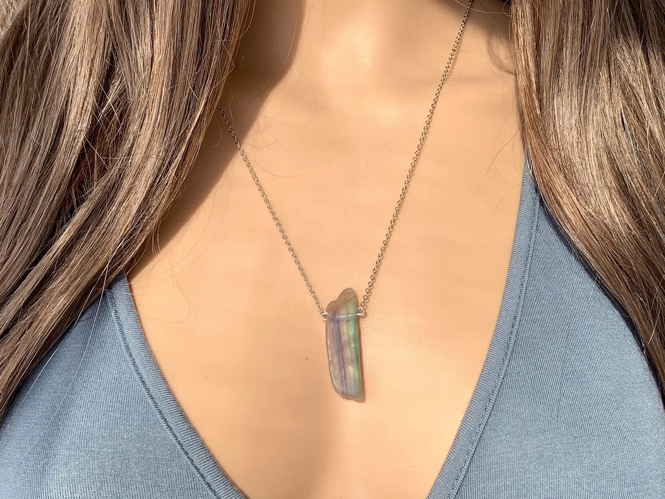 Long Fluorite Necklace Sterling Silver, Handmade Rainbow Gemstone Pendant 14k Gold Fluorite Jewelry, Intuition Stone Healing Crystal Gift