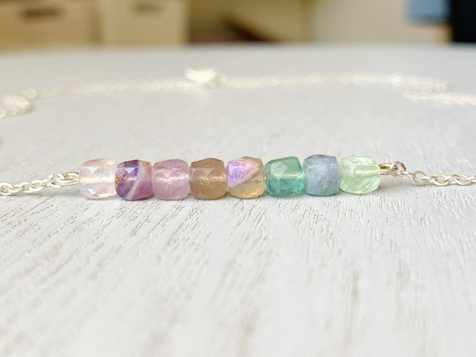 Simple Gemstone Beaded Necklace Rainbow Fluorite Necklace Gold Or Silver Crystal Necklace, Birthstone Gift Idea, Bridesmaid Necklaces Gifts