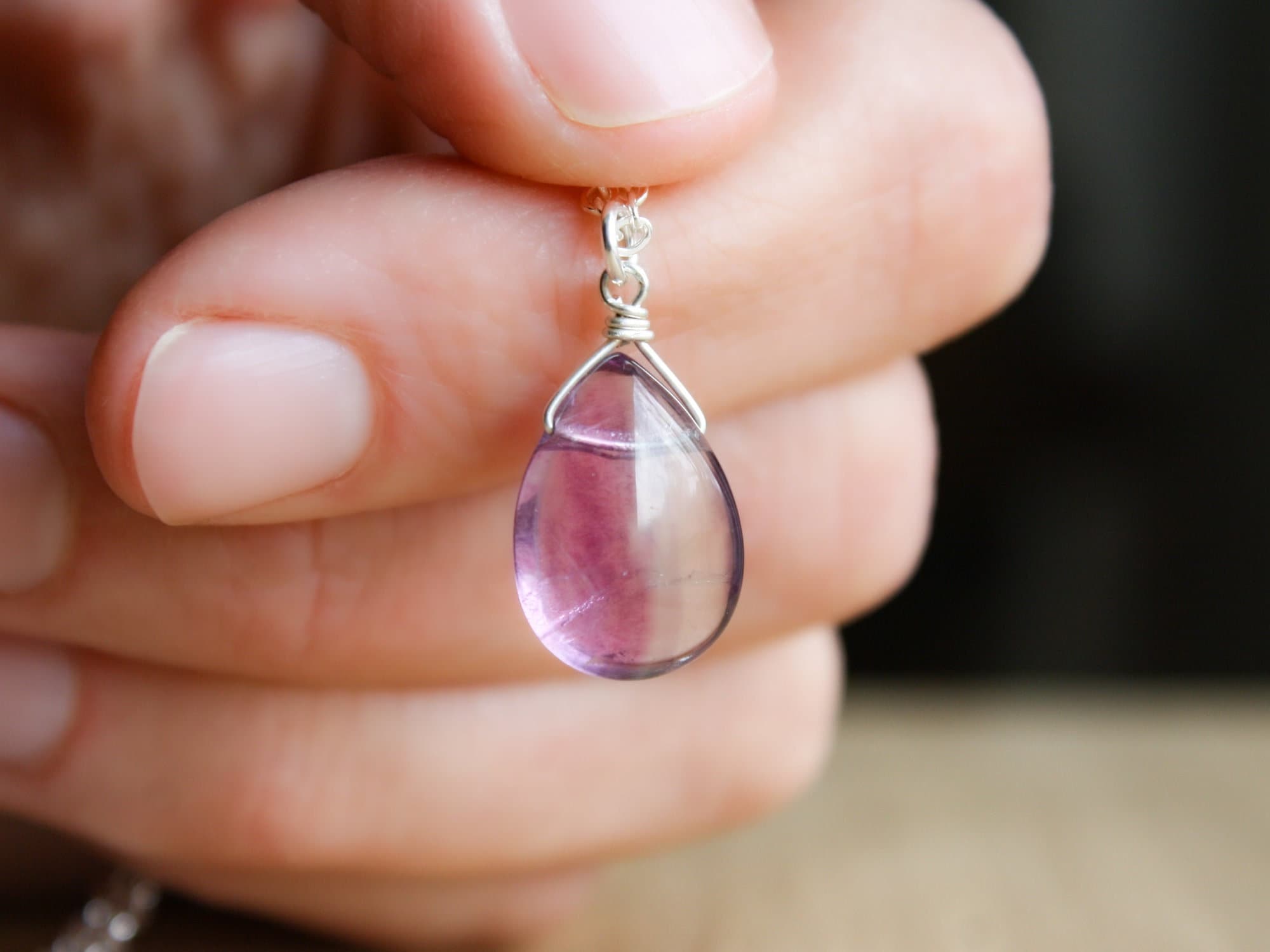 Rainbow Fluorite Teardrop Necklace: Sterling Silver Healing Crystal
