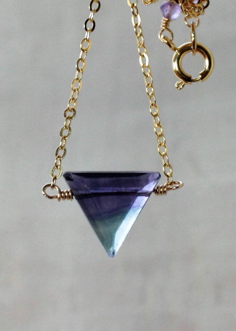 Rainbow Fluorite Triangle Necklace Rose Gold Chain. Gemstone Necklace, Geometric Layering Necklace, Purple Blue Fluorite Crystal Jewelry