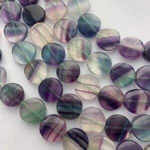 16mm Reverse Coin Fluorite Gemstone Beads. Full 15" Strand Of High Quality Beads, 25 Per Strand. Rainbow Fluorite.