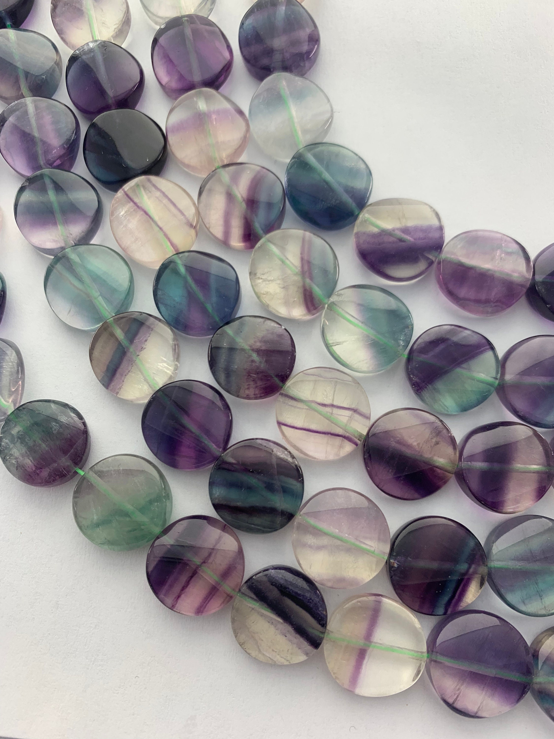 16mm Reverse Coin Fluorite Gemstone Beads. Full 15" Strand Of High Quality Beads, 25 Per Strand. Rainbow Fluorite.