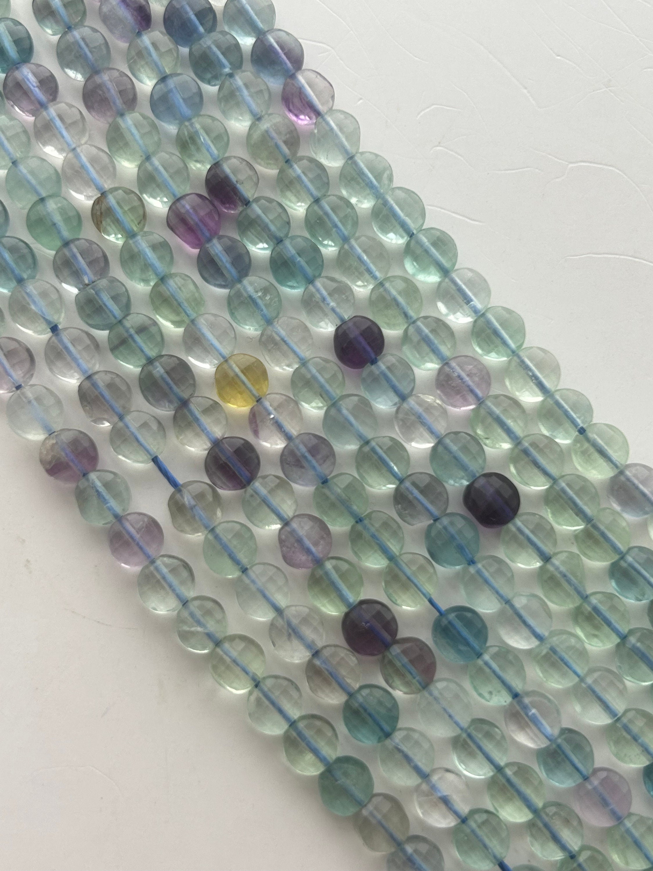 6mm Faceted Puff Coin Fluorite Gemstone Beads. 15" Strand Of Mixed Fluorite Coin Beads, 66 Per Strand. Rainbow Fluorite.