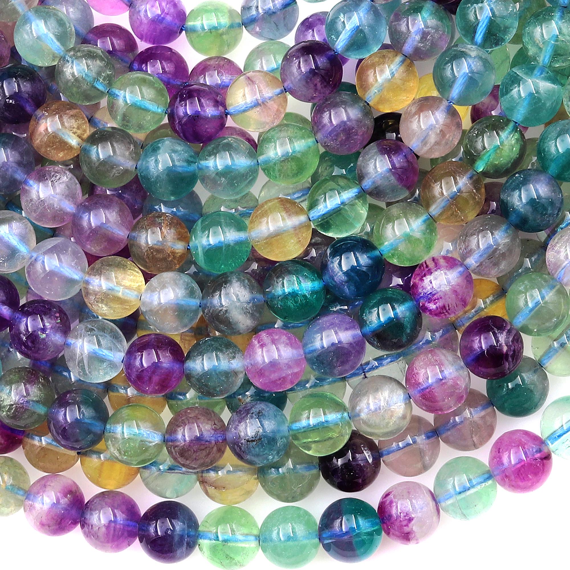 Aaa Natural Rainbow Fluorite Beads Smooth 8mm Purple Blue Green Yellow Gemstone 15.5" Strand