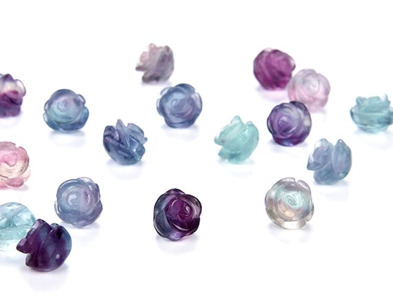 Rainbow Fluorite Gemstone Carved Rose Flower 8mm 10mm 12mm Beads Bulk Lot 5,10,20,30,50 (002)
