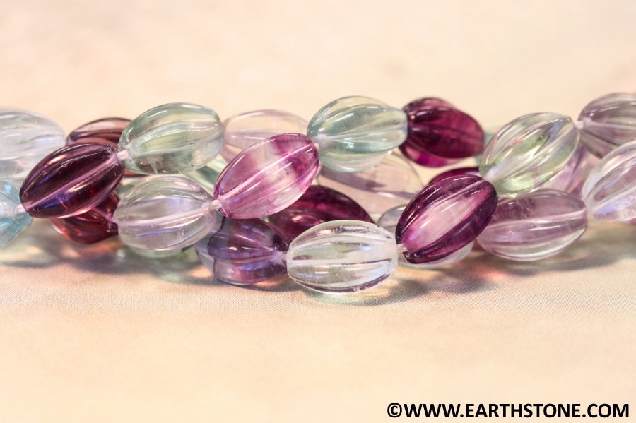 M/ Rainbow Fluorite 8x12mm Corrugated Oval Beads 16" Strand Genuine Gemstone For Jewelry Making