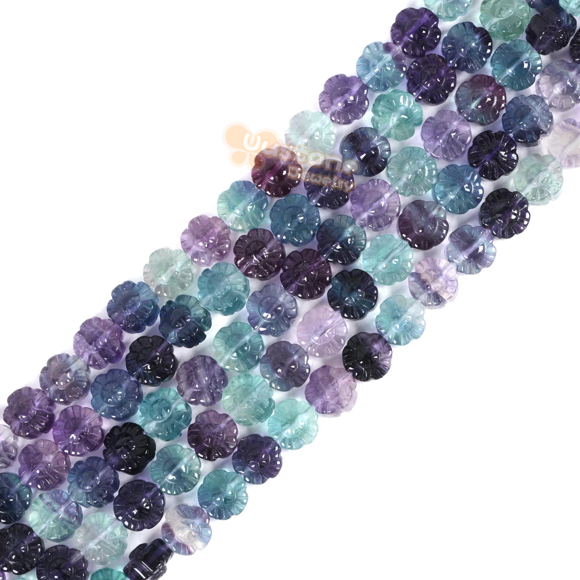 Rainbow Fluorite Natural Gemstone 10mm Plum Blossom Flower Carved Beads  Power Energy Stone Loose Beads 15.5"
