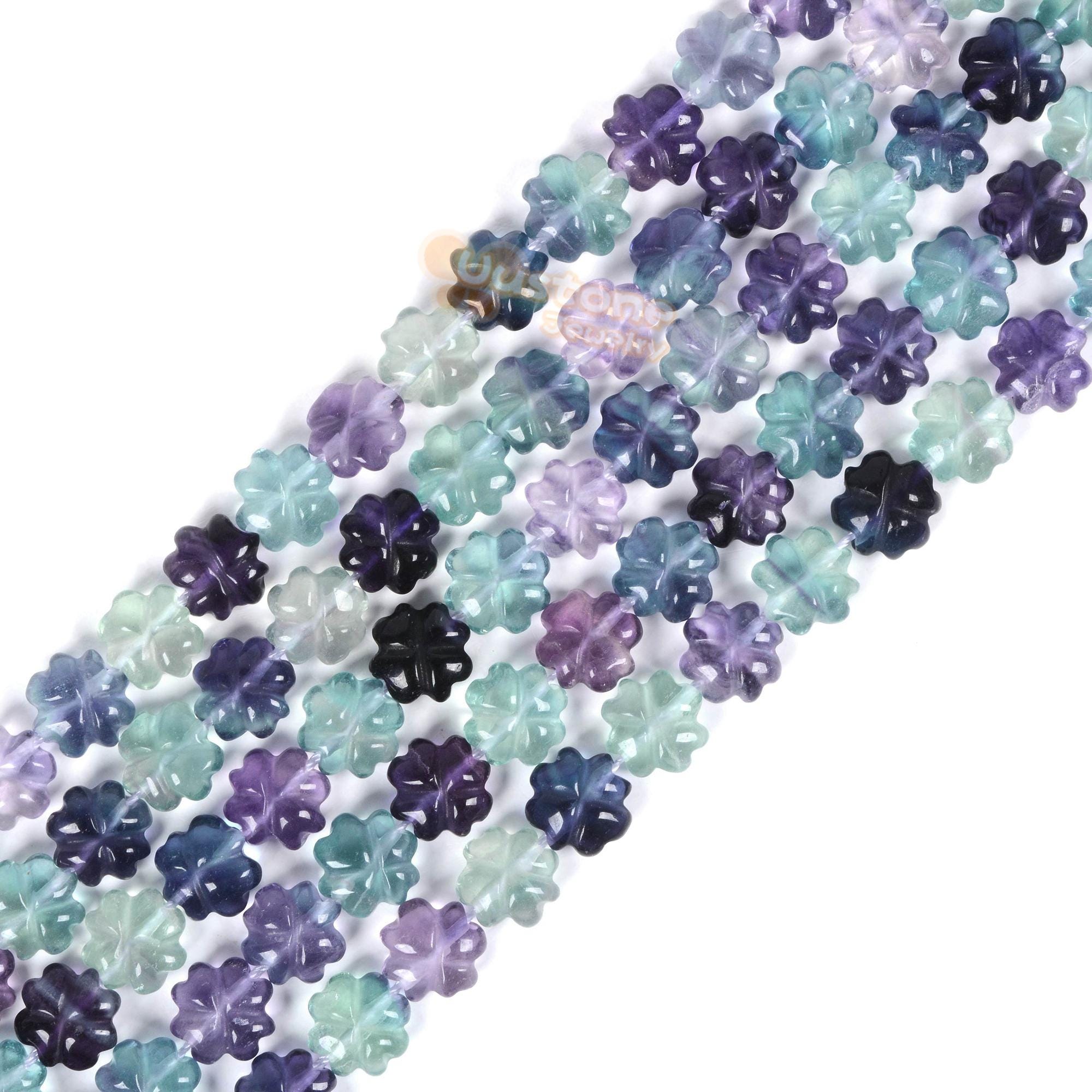Rainbow Fluorite Natural Gemstone 12mm Four Leaf Clover Carved Beads  Power Energy Stone Loose Beads 15.5"