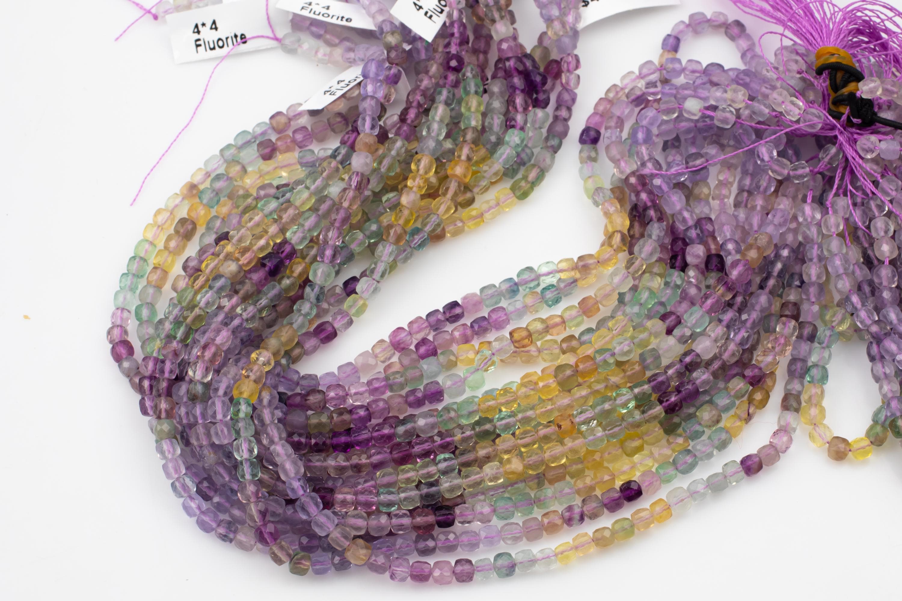 Natural Rainbow Fluorite Faceted Cube Beads Size 4mm 15.5" Strand