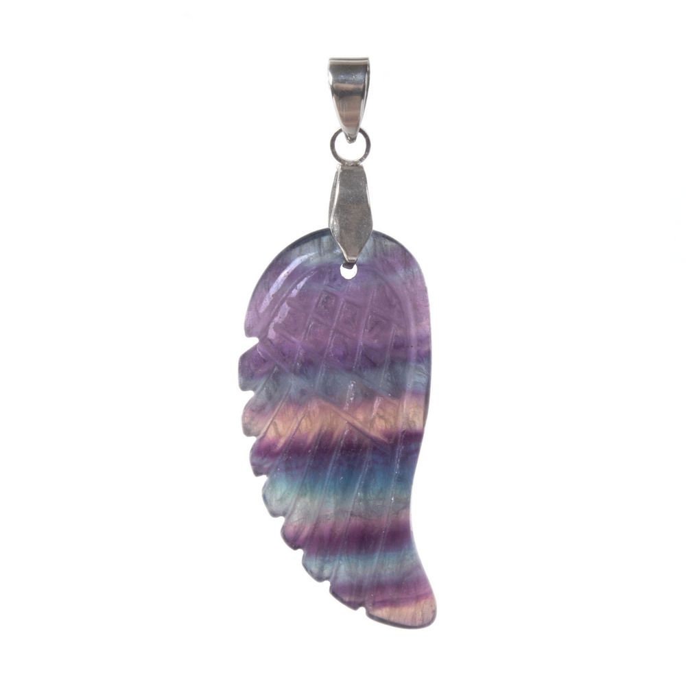36mm Carved Rainbow Fluorite Angel Wing Pendant Focal Bead (bail Added)