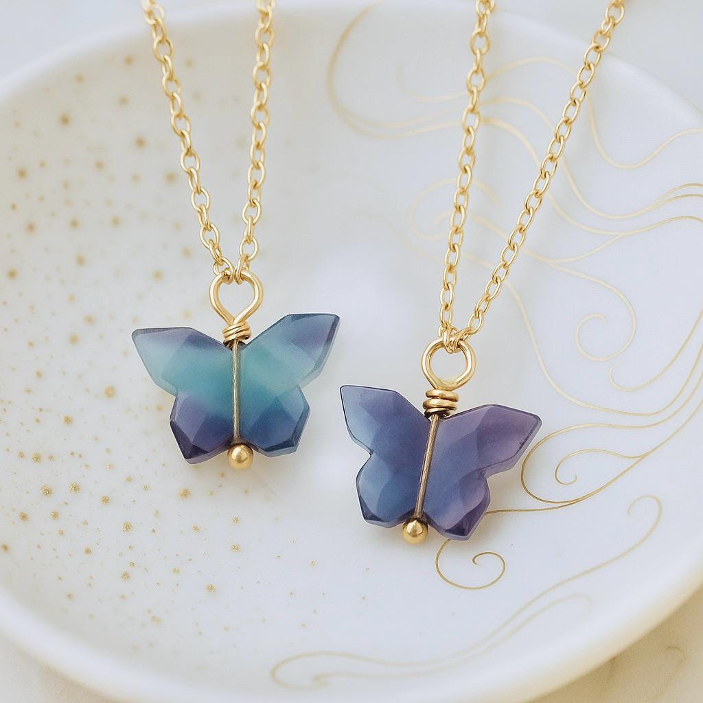 Rainbow Fluorite Butterfly Necklace • 18k Gold Fill Chain • Dainty Gemstone Pendant • Minimal Layering Necklace • Gift For Her